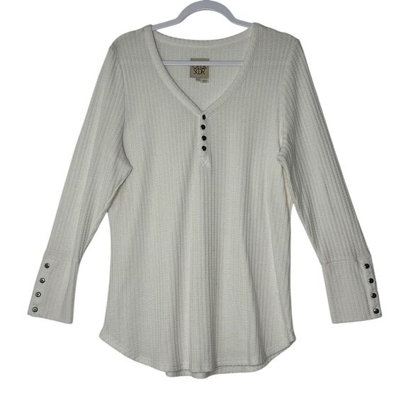 Chaser Tops - Chaser Top Women XXL Beige Long Sleeve Waffle Knit Cozy Blouse Stretch Classic